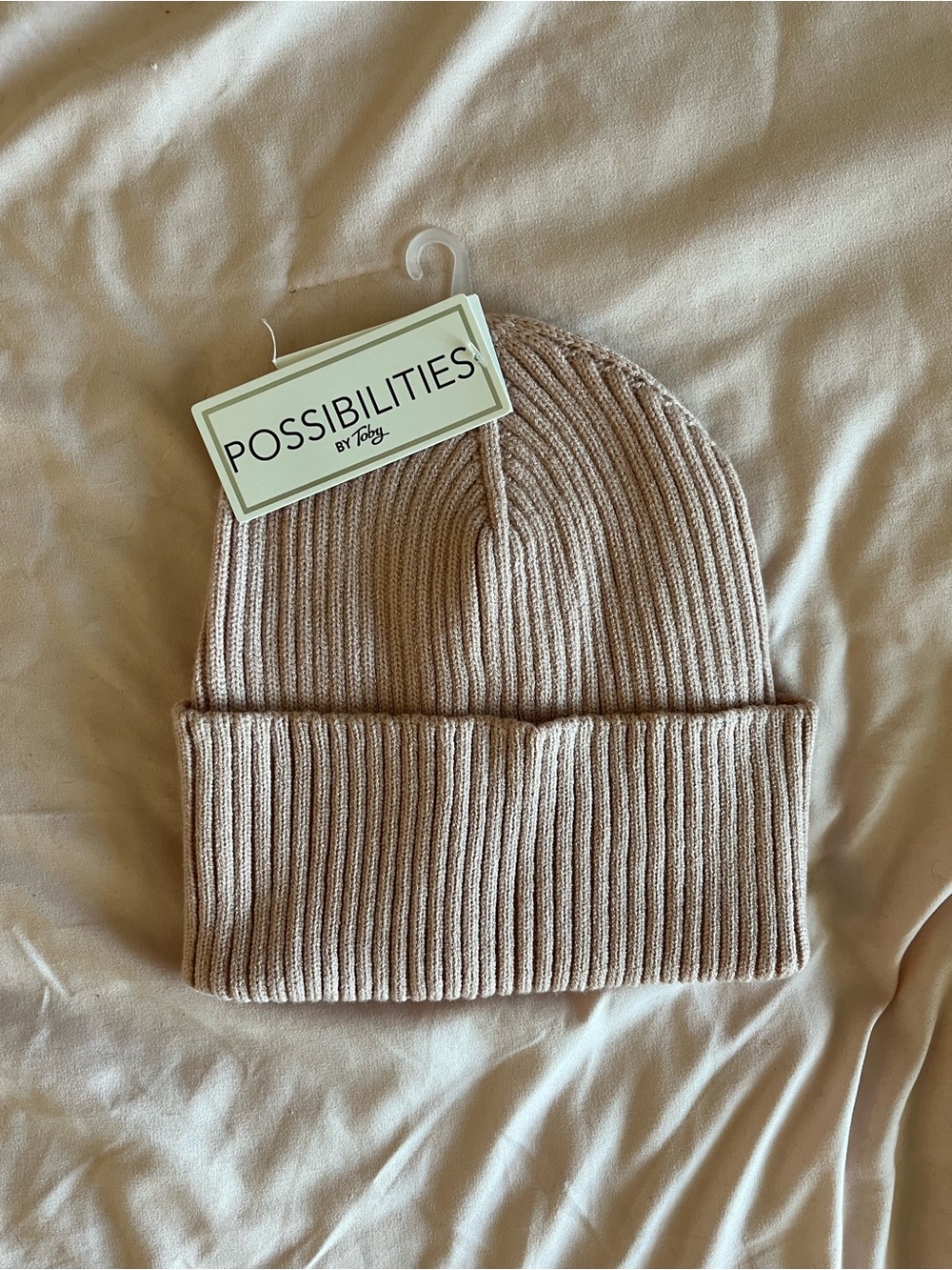 Beige Ribbed Knit Beanie Hat